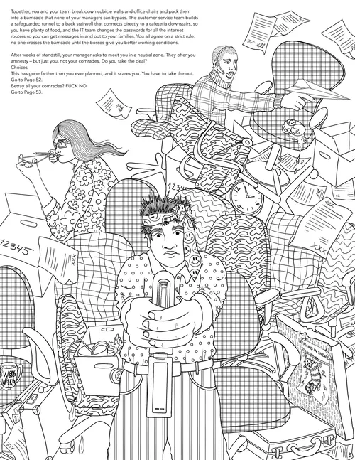 Detaillierte Büroszene mit Personen und Papieren, Ausmalbild von Rachel Winter