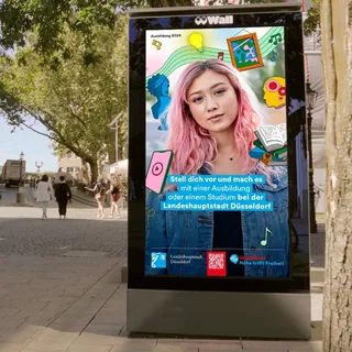 Education advertisement featuring young woman with pink hair by Rachel Winter