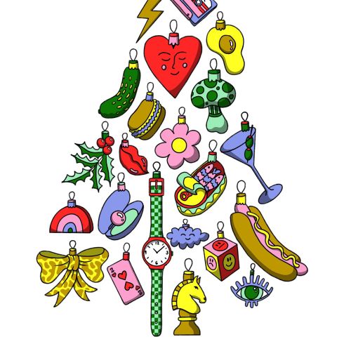 Holiday tree composed of colorful objects illustration by Rachel Winter