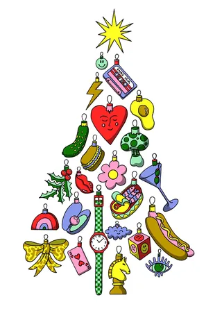 Holiday tree composed of colorful objects illustration by Rachel Winter