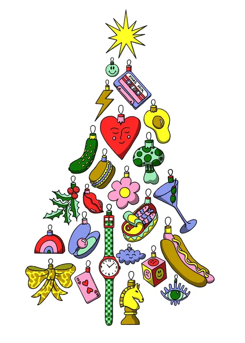 Weihnachtsbaum aus bunten Objekten, Illustration von Rachel Winter
