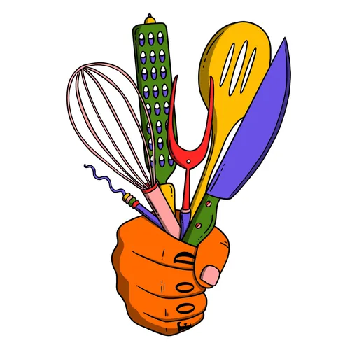 Eine Hand greift nach farbenfrohen Küchenutensilien, darunter Schneebesen und Messer.