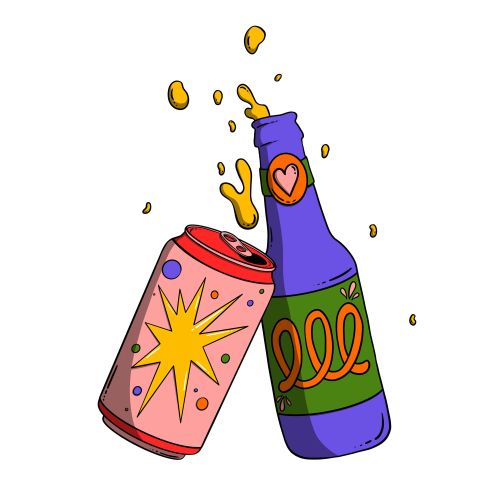 Colorful soda can and beer bottle clinking with liquid splashes