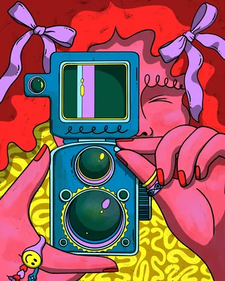 Hands holding vintage camera with vibrant red and yellow patterns