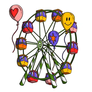 Illustration of a colorful Ferris wheel with balloons