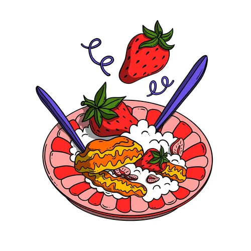Teller mit Erdbeeren, Sahnedessert und zwei lila Löffeln
