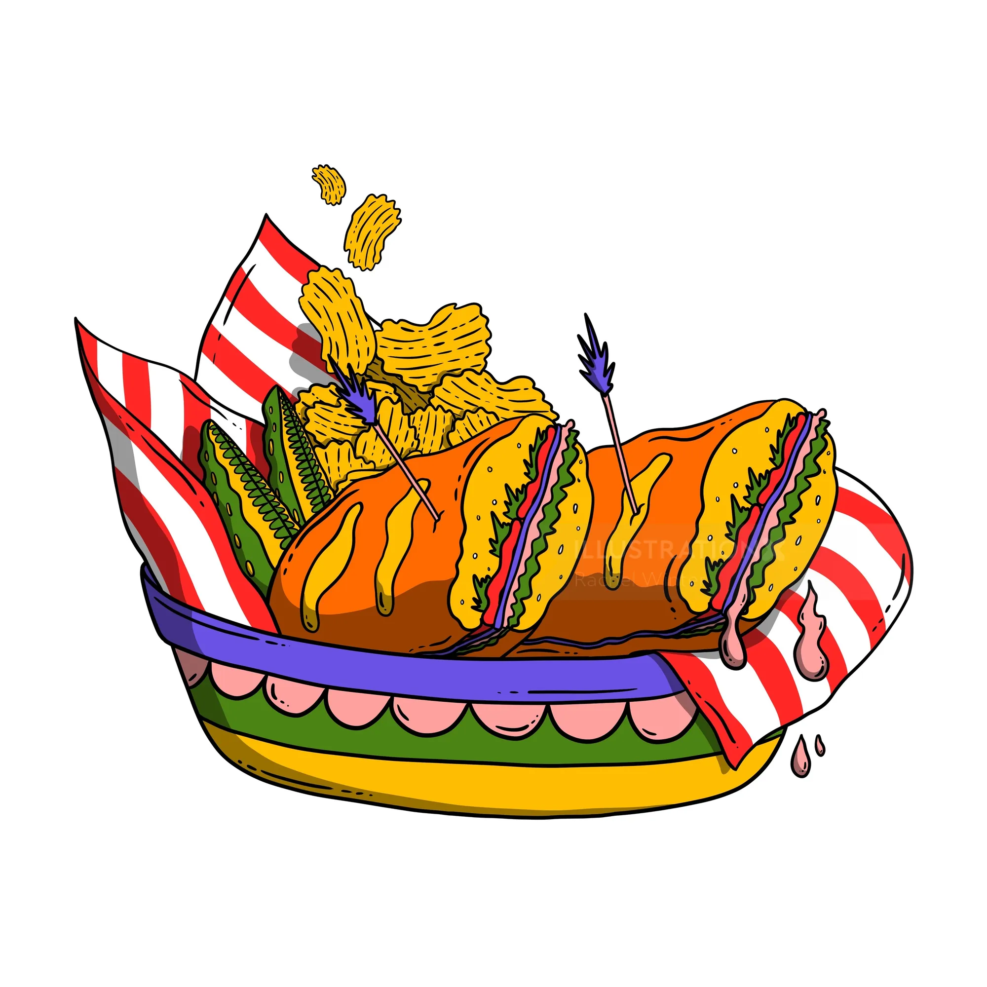 Sub sandwich with mustard and a side of chips in a colorful bowl