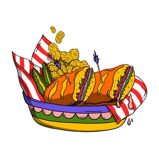 Sub sandwich with mustard and a side of chips in a colorful bowl