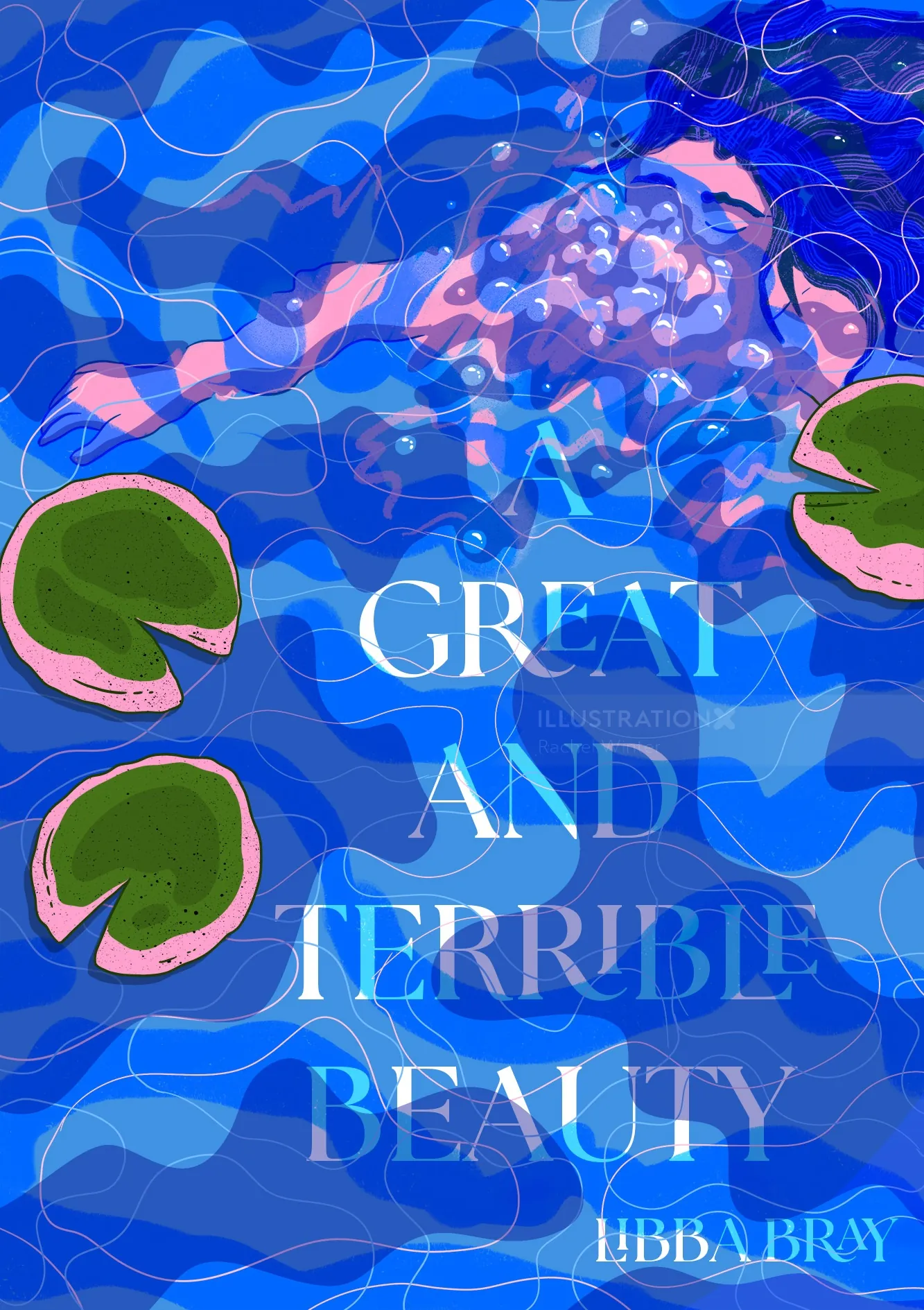 Agua azul abstracta con nenúfares y el texto "Gran y terrible belleza"