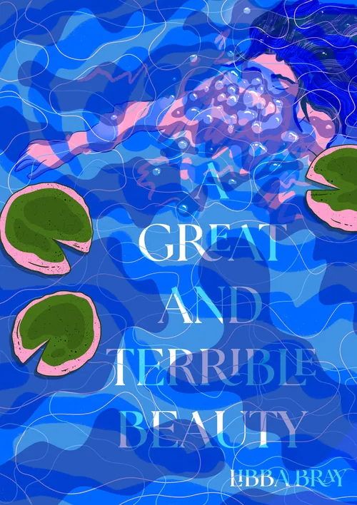 Abstraktes blaues Wasser mit Seerosenblättern und dem Text „Große und schreckliche Schönheit“