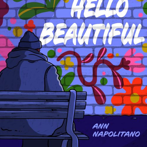 Person on bench near vibrant floral graffiti saying Hello Beautiful at night.
