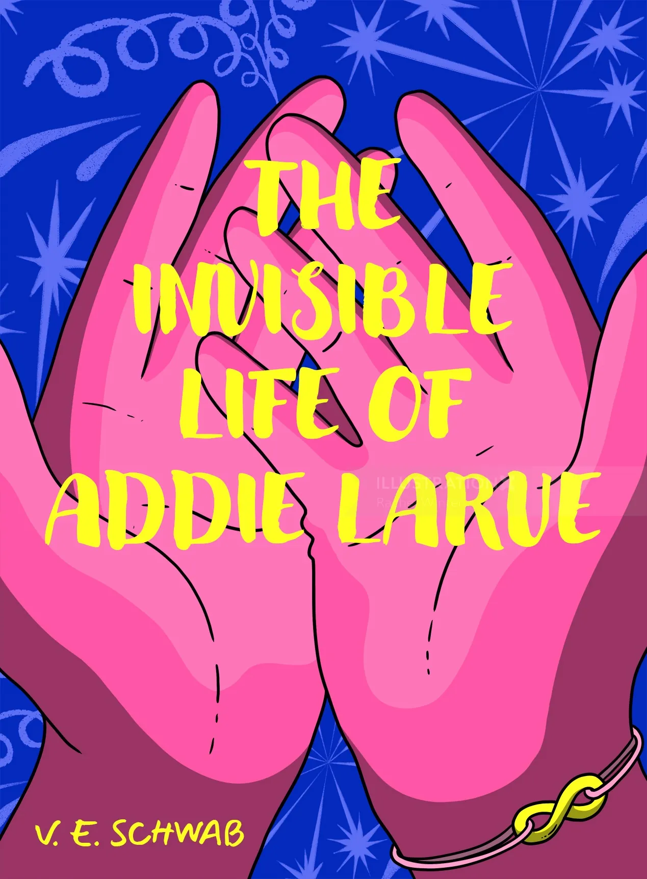 Pink hands holding text 'The Invisible Life of Addie LaRue' on blue background