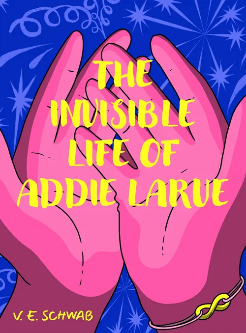 Pinkfarbene Hände halten den Text „Das unsichtbare Leben der Addie LaRue“ auf blauem Hintergrund