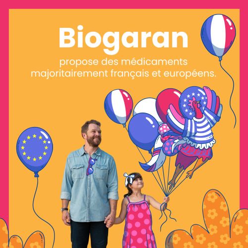 Man and girl holding French and European flag balloons on orange background