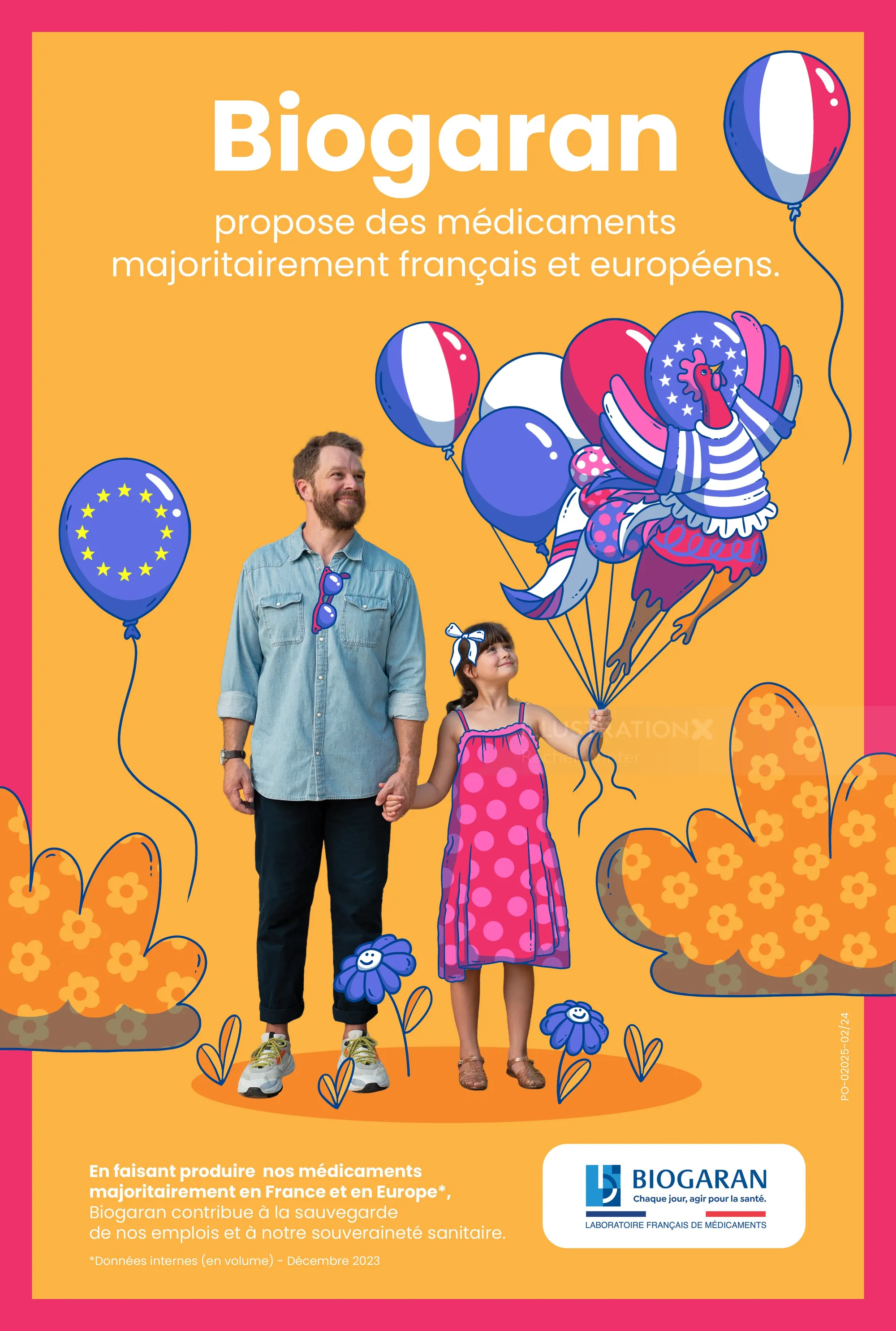 Man and girl holding French and European flag balloons on orange background