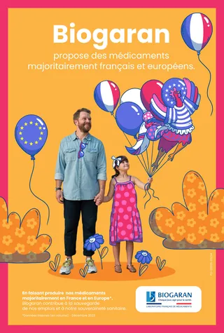 Man and girl holding French and European flag balloons on orange background