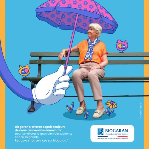 Elderly woman sitting on bench with umbrella and blue background