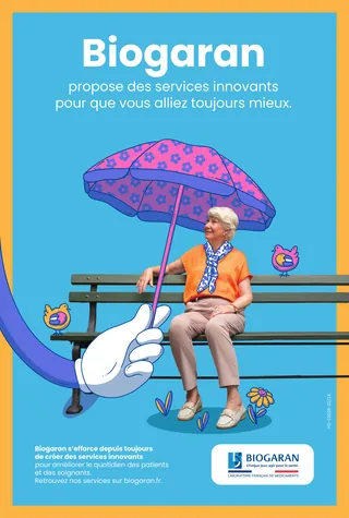 Elderly woman sitting on bench with umbrella and blue background