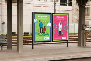 Biogaran pharma ads on train station platform display board.