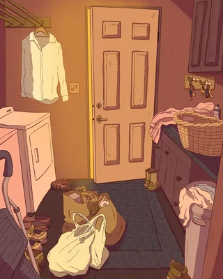 Laundry room with washing machine, clothes basket, and door.