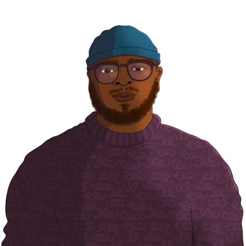 Man with glasses, blue cap, and purple sweater looking forward