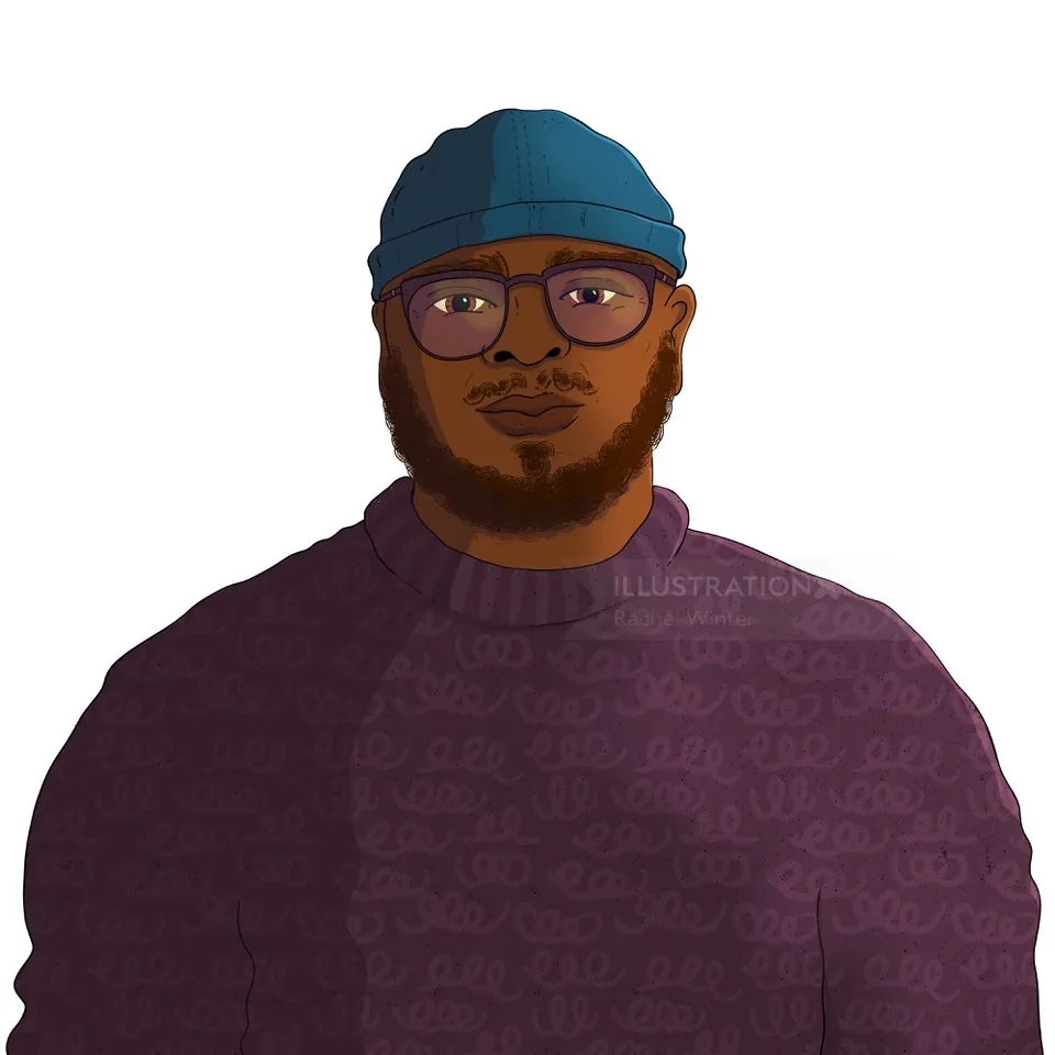 Mann mit Brille, blauer Kappe und lila Pullover blickt nach vorn