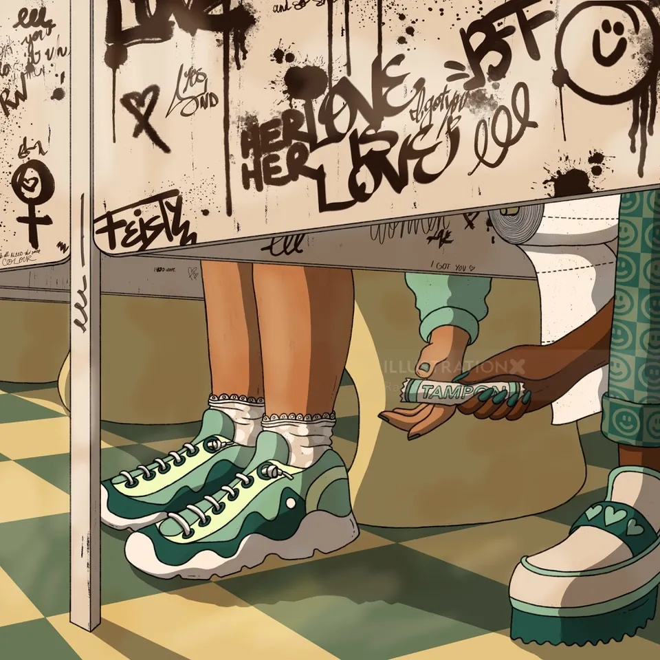 Zwei Personen tauschen Geld unter einer mit Graffiti besprühten Trennwand in einer Toilettenkabine.
