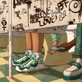 Two people exchanging money under graffiti-covered bathroom stall divider