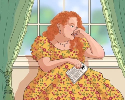 Rothaarige Frau in gelbem Blumenkleid liest am Fenster ein Buch