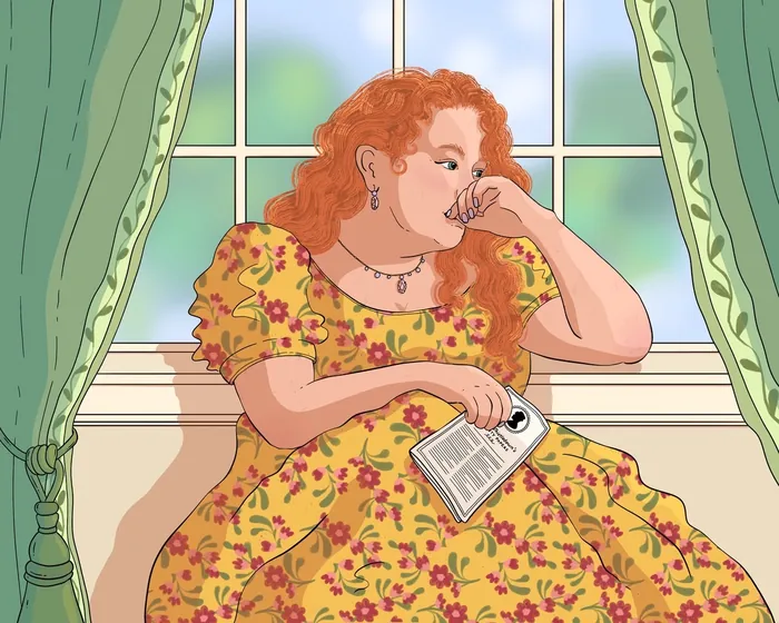 Red-haired woman in yellow floral dress reading book by window