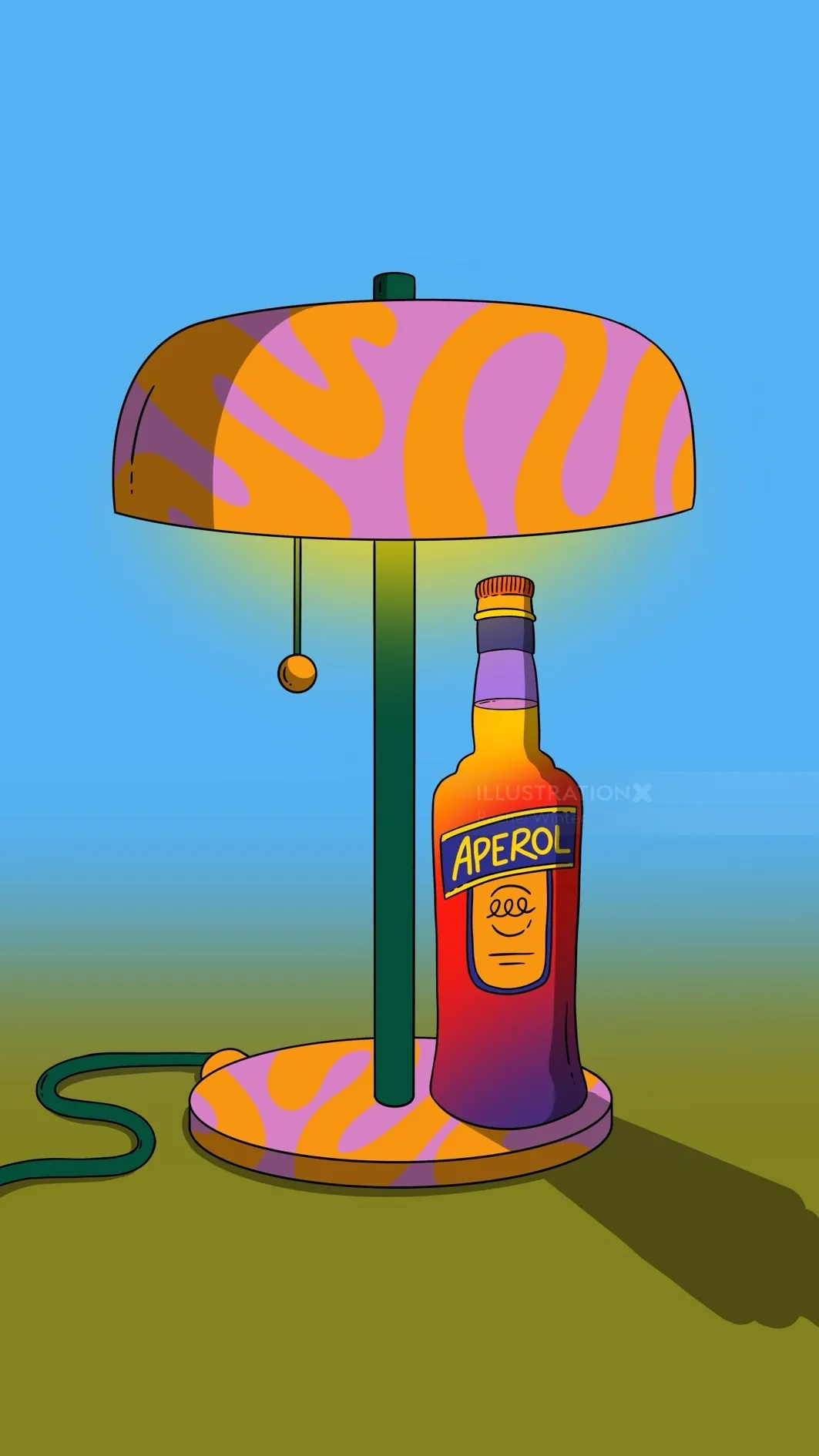 Colorful table lamp with Aperol bottle base and distinctive shade
