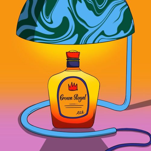 Crown Royal bottle with stethoscope and blue brain-shaped helmet on orange background