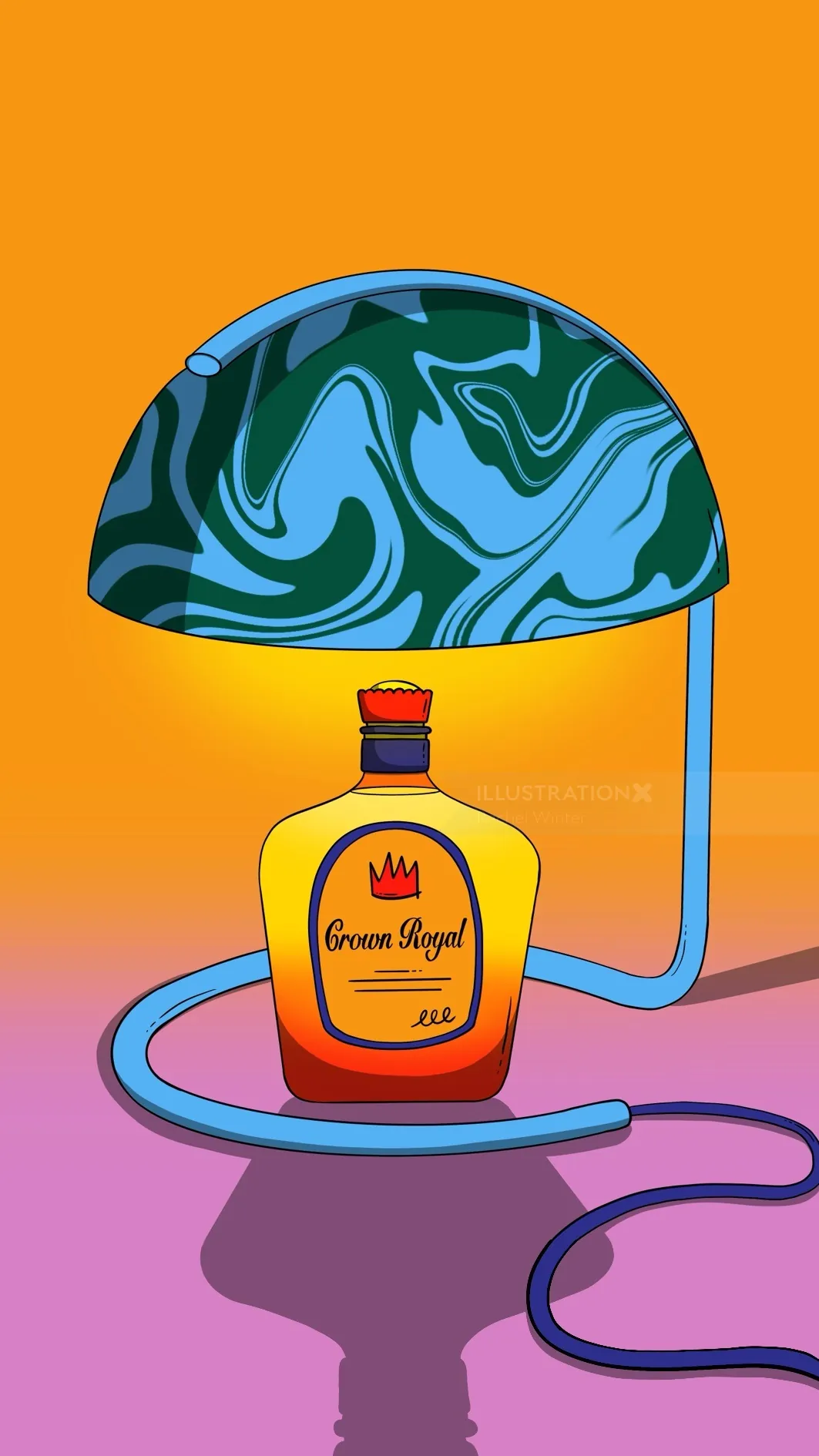 Crown Royal bottle with stethoscope and blue brain-shaped helmet on orange background