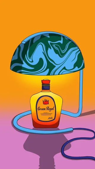 Crown Royal bottle with stethoscope and blue brain-shaped helmet on orange background