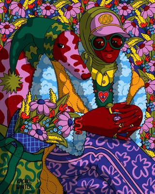 Person in colorful outfit with patterned dog and bright flowers background