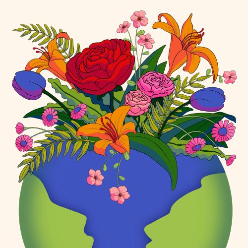 Earth globe with colorful flowers blooming from the top