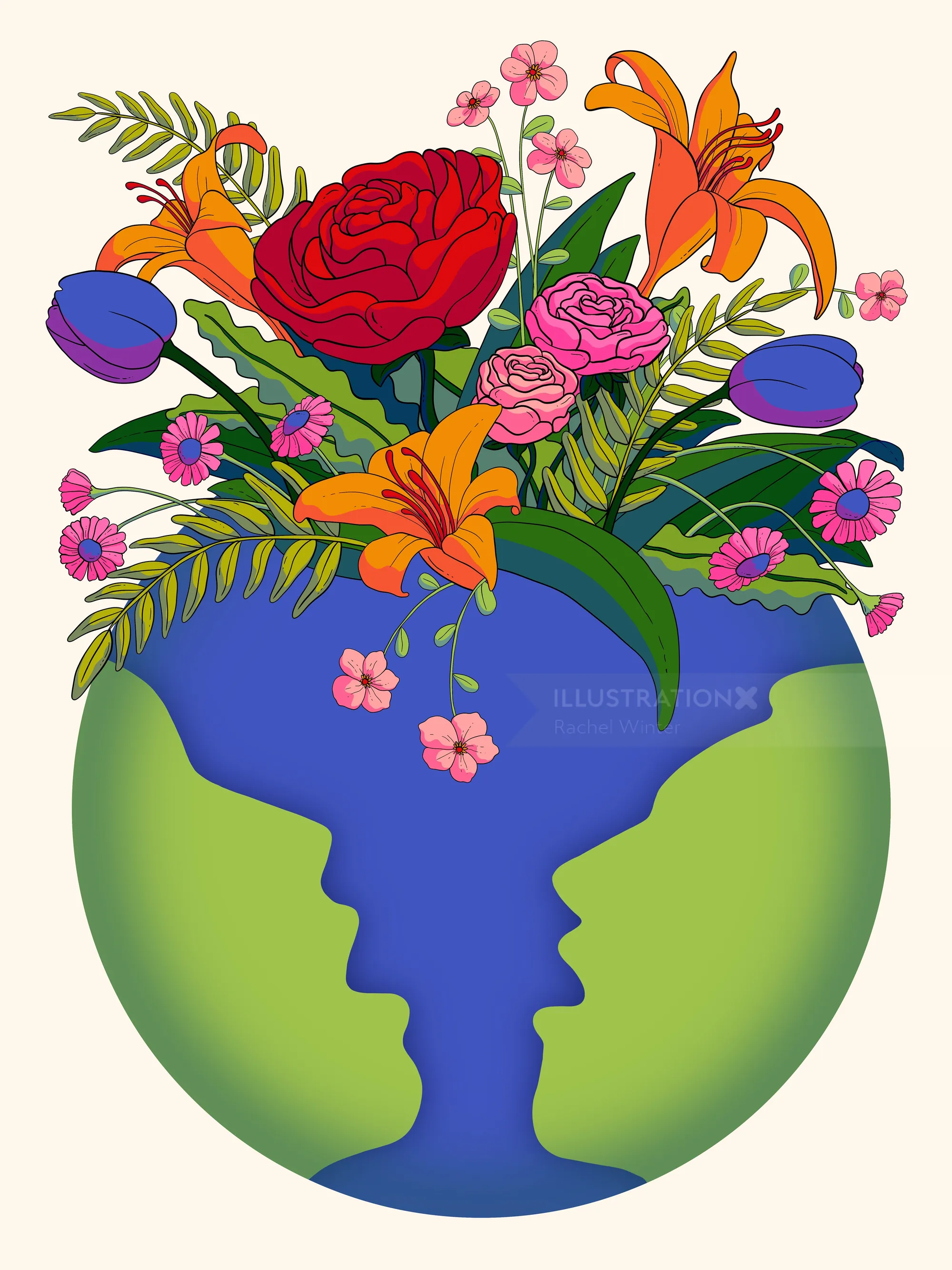 Earth globe with colorful flowers blooming from the top
