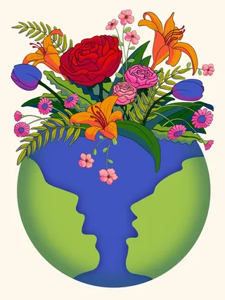 Earth globe with colorful flowers blooming from the top