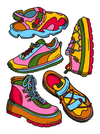 Brightly colored cartoon shoes and boots in various styles