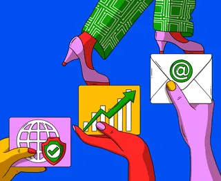 Hands holding email, graph, and security icons with a person stepping forward