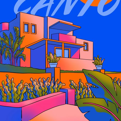 Bright modern house with plants under large orange sun and text