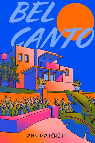 Bright modern house with plants under large orange sun and text