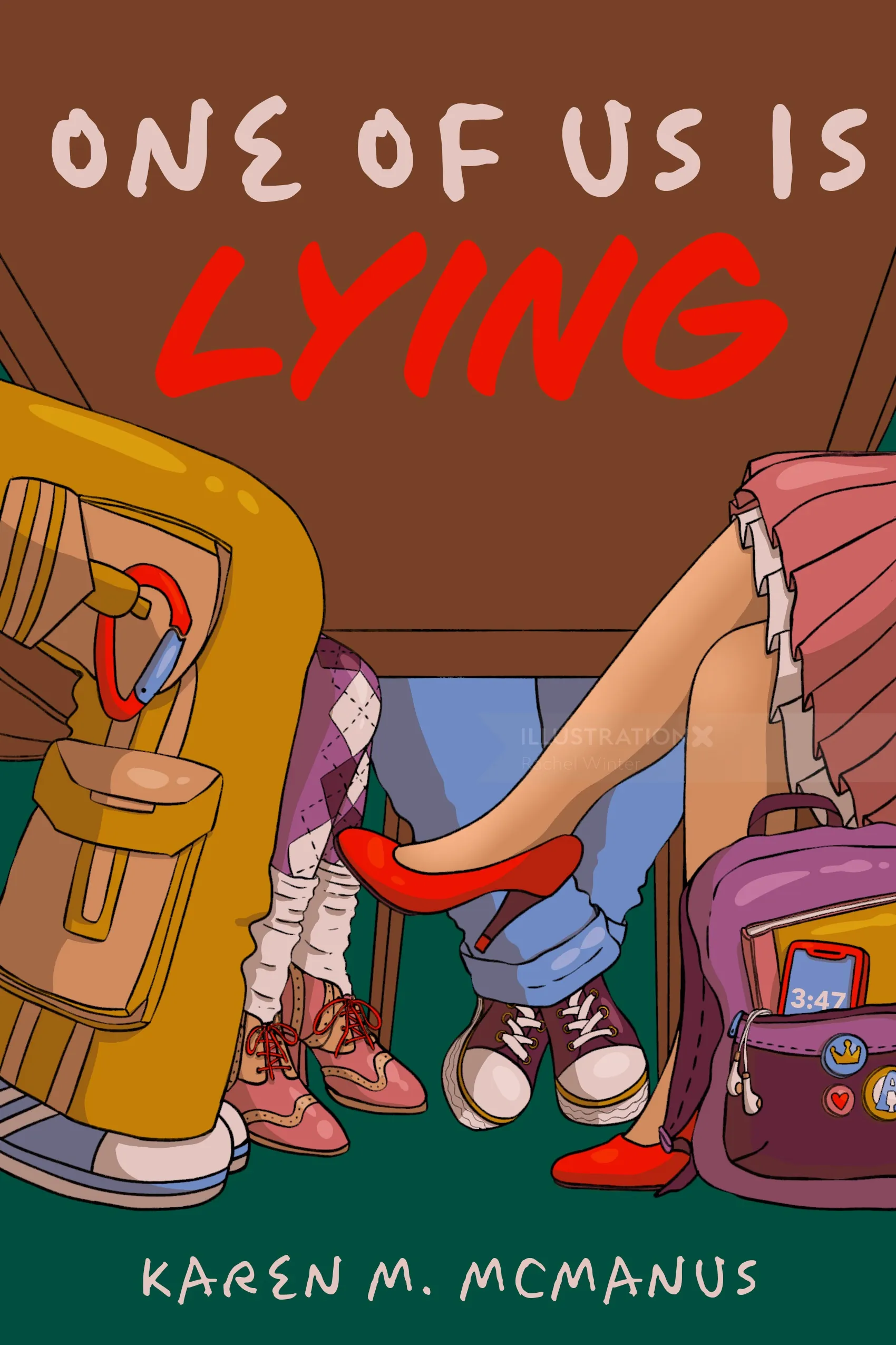 Book cover of One of Us Is Lying with students' legs and red high heel