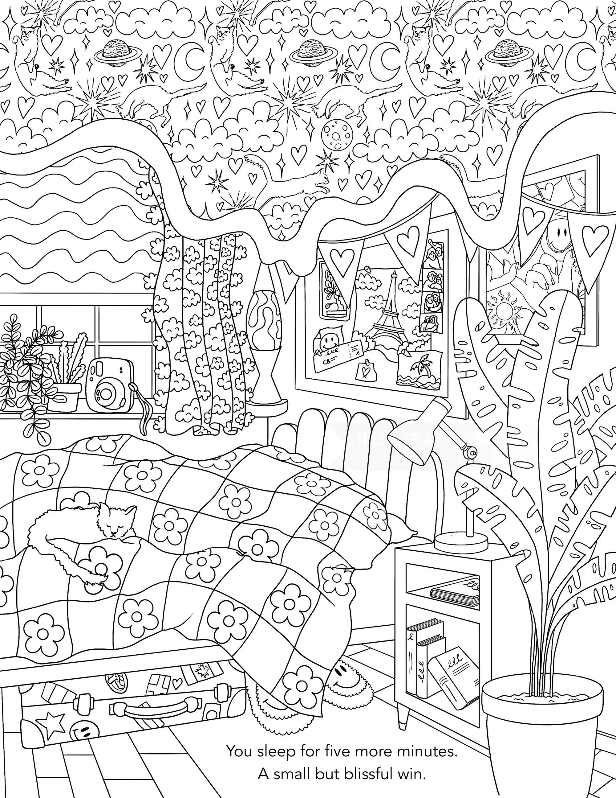 黑白插图：舒适的卧室，有植物和窗户