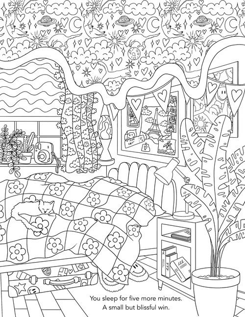 Schwarz-Weiß-Illustration eines gemütlichen Schlafzimmers mit Pflanzen und einem Fenster
