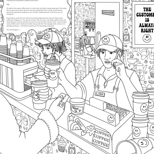 Line art of coffee shop scene with baristas taking orders and serving drinks