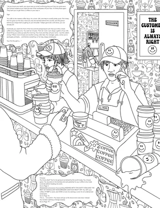 Line art of coffee shop scene with baristas taking orders and serving drinks