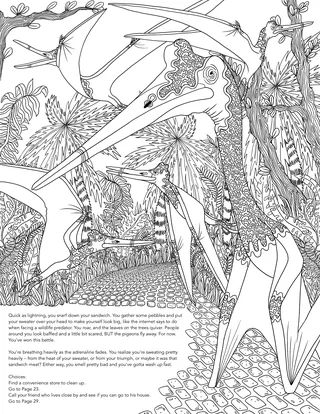 Detailed line drawing of fanciful birds surrounded by tropical plants