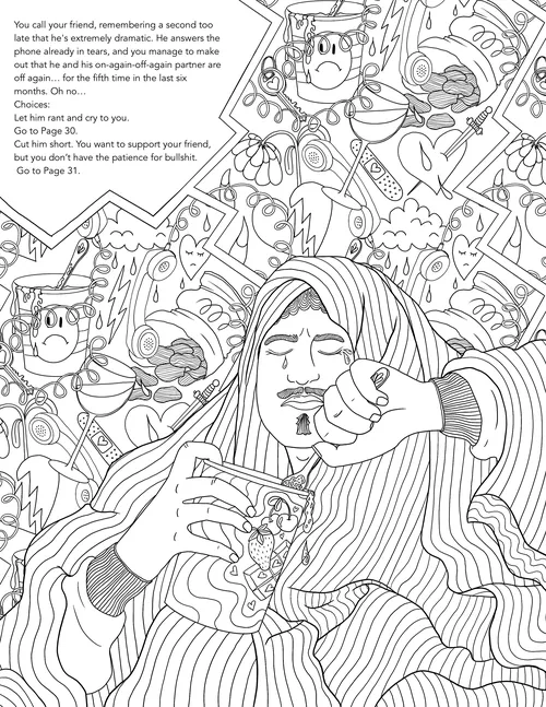 Eine Person in gestreifter Kleidung liest ein Comicbuch; im Hintergrund sind lebhaft illustrierte Figuren zu sehen.