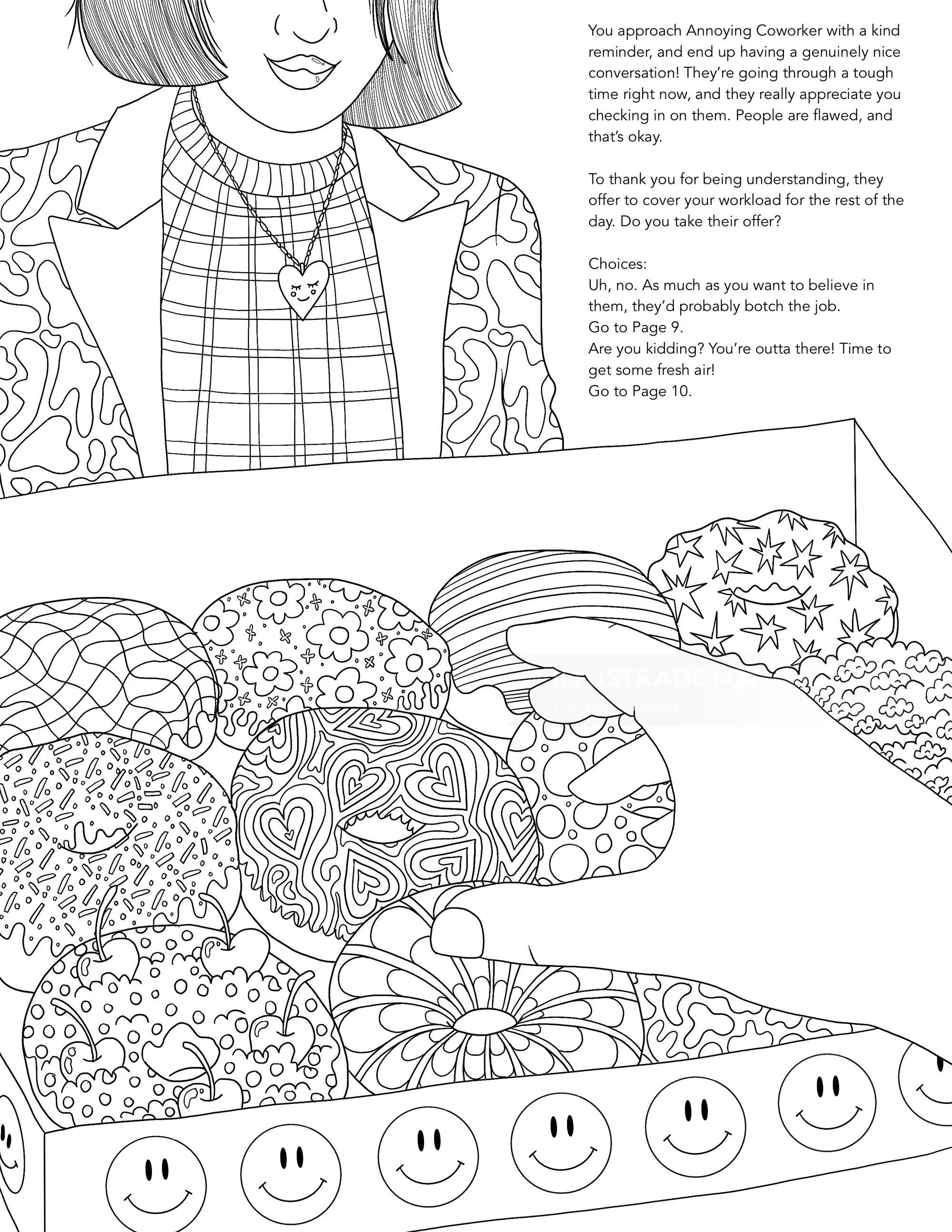 Dibujo lineal de una mujer y un cojín decorado con varios patrones y caras sonrientes.